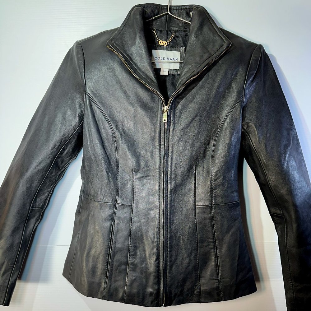 COLE HAAN Black and Gold Tan Lambskin Leather Jacket Size: S/P Small Petite